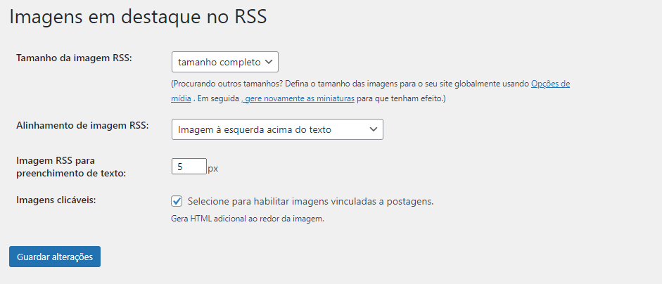 Configuração do plugin de destaque de imagens em RSS