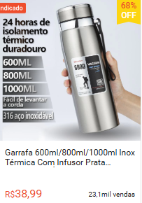 Garrafa 1000ml Inox Térmica Com Infusor Prata Dourada De Água ou Café